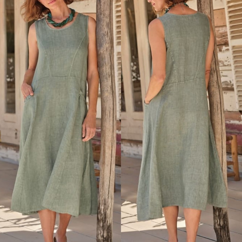 New Woolovers Pocket Pinafore Pure Linen Sleeveless Midi Dress size US 12
